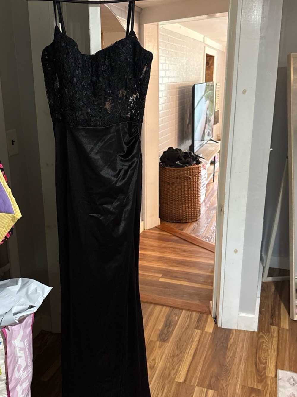 Windsor Black Lace Bodice Satin Skirt Prom Dress
